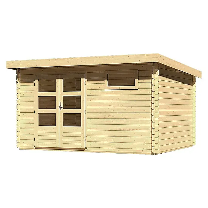 Karibu Gartenhaus Bastrup 8 - Außenmaß inkl. Dachüberstand (B x T): 405 x 333 cm, Holz, Natur - Abbildung eines Holzgartenhauses mit Doppeltüren und einem kleinen Fenster.