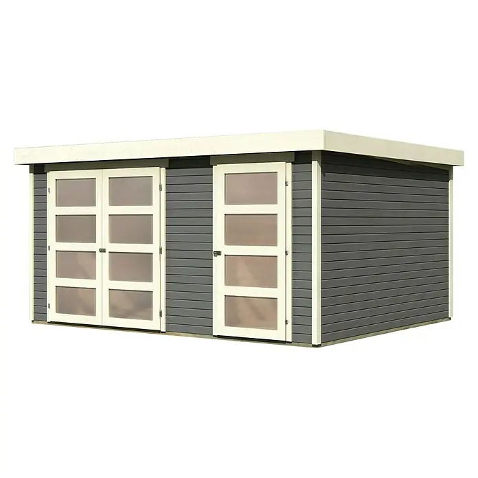 Karibu Gartenhaus Mühlentrup 3 - Außenmaß inkl. Dachüberstand (B x T): 428 x 351,5 cm, Holz, Terragrau - Ansicht eines modernen grauen Gartenhauses mit weißen Akzenten, das eine stilvolle und funktionale Ergänzung für jeden Außenbereich darstellt.