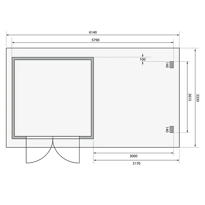Karibu Gartenhaus Bastrup 5 - Außenmaß inkl. Dachüberstand (B x T): 614 x 333 cm, Holz, Natur, Mit Seitendach und Rückwand - Grundrisszeichnung eines Gartenhauses mit Maßen für Länge und Breite, inklusive Tür und Wandstärke.