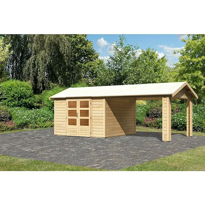 Karibu Gartenhaus Theres - Außenmaß inkl. Dachüberstand (B x T): 648 x 348 cm, Holz, Natur - Ein geräumiges Gartenhaus aus Holz mit einem überdachten Bereich, ideal für Lagerung oder als Unterstand im Freien.