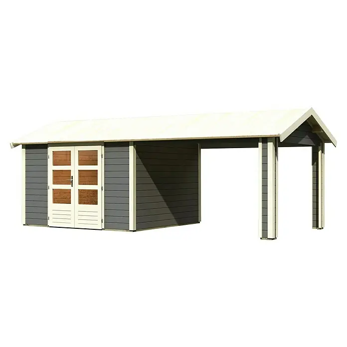 Karibu Gartenhaus Theres - Außenmaß inkl. Dachüberstand (B x T): 648 x 348 cm, Holz, Terragrau - Ein modernes Gartenhaus mit Carport, ideal für zusätzlichen Stauraum und Unterstellmöglichkeiten im Außenbereich.