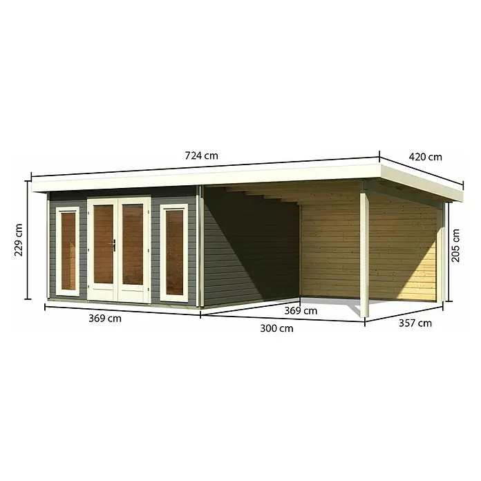 Karibu Gartenhaus Radeburg 3 - Außenmaß inkl. Dachüberstand (B x T): 724 x 393 cm, Holz, Terragrau, Mit Seitendach und Rückwand - Illustration eines Gartenhauses mit Carport und Größenangaben in Zentimetern.