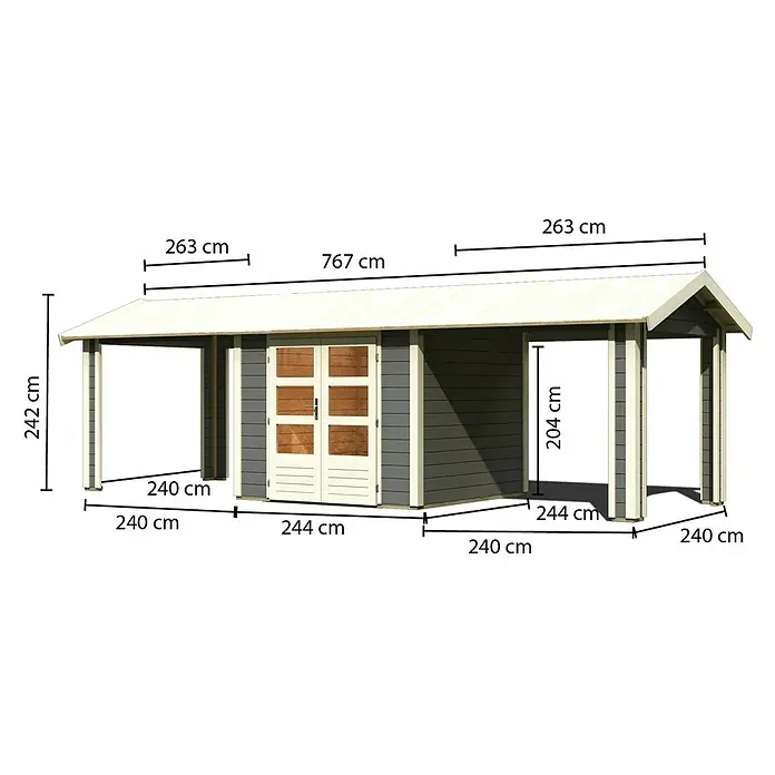 Karibu Gartenhaus Theres - Außenmaß inkl. Dachüberstand (B x T): 767 x 288 cm, Holz, Terragrau - Ansicht des Gartenhauses mit Vordach und den Abmessungen in Zentimetern. Ideal für Gartenliebhaber, die Wert auf Funktionalität legen.