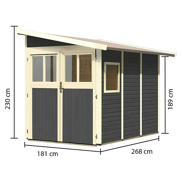 Karibu Gartenhaus Wandlitz 3 - Außenmaß inkl. Dachüberstand (B x T): 200 x 320 cm, Holz, Terragrau - Abbildung eines Gartenhauses mit Abmessungen. Das Gartenhaus ist dunkelgrau mit weißen Akzenten und hat eine Tür und ein Fenster.