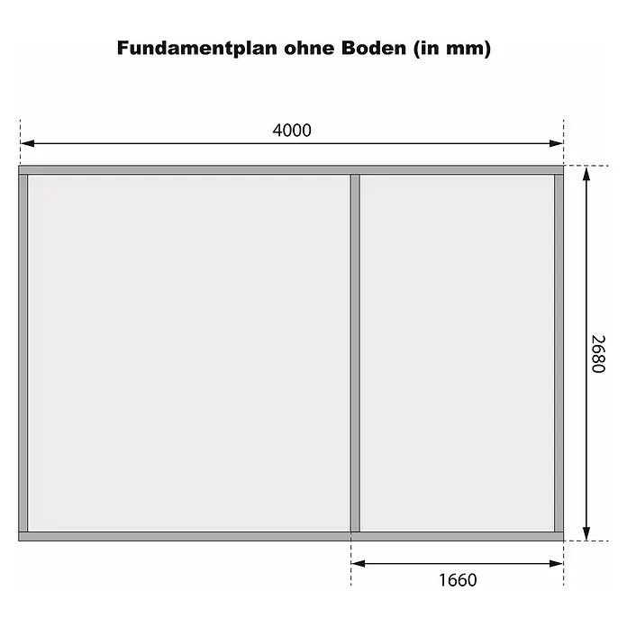 Karibu Gartenhaus Mühlentrup 2 - Außenmaß inkl. Dachüberstand (B x T): 428 x 310 cm, Holz, Terragrau - Fundamentplan ohne Boden (in mm) mit den Maßen 4000 mm x 2680 mm und einer weiteren Angabe von 1660 mm.