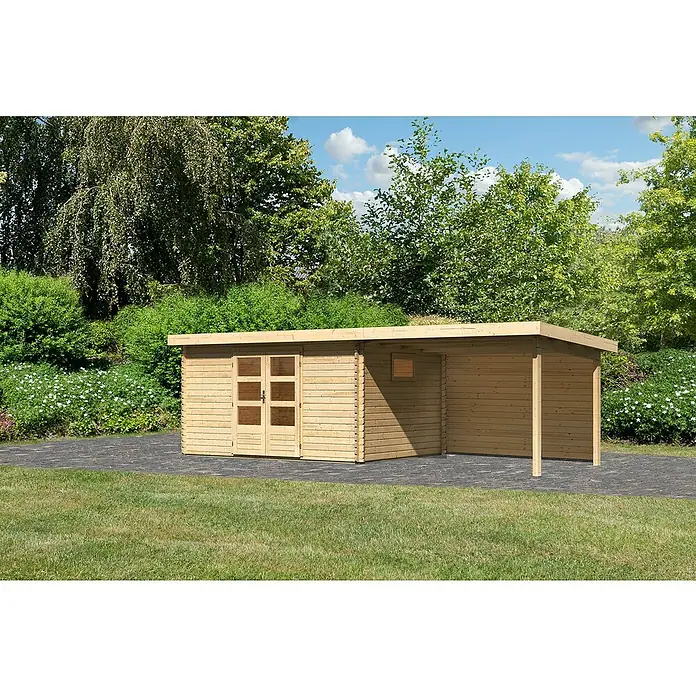 Karibu Gartenhaus Trittau 5 - Außenmaß inkl. Dachüberstand (B x T): 706 x 333 cm, Holz, Natur, Mit Seitendach & Rückwand - Holzgartenhaus mit Überdachung. Das naturbelassene Holzhaus mit Glasfenstern bietet zusätzlichen Schutz durch das Vordach.
