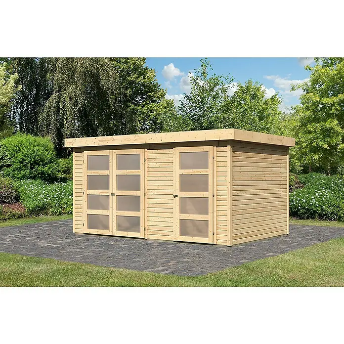 Karibu Gartenhaus Mühlentrup 2 - Außenmaß inkl. Dachüberstand (B x T): 428 x 310 cm, Holz, Natur - Das moderne Holzgartenhaus mit transparenten Türen bietet stilvollen Stauraum für Gartenutensilien und Werkzeuge im Außenbereich.