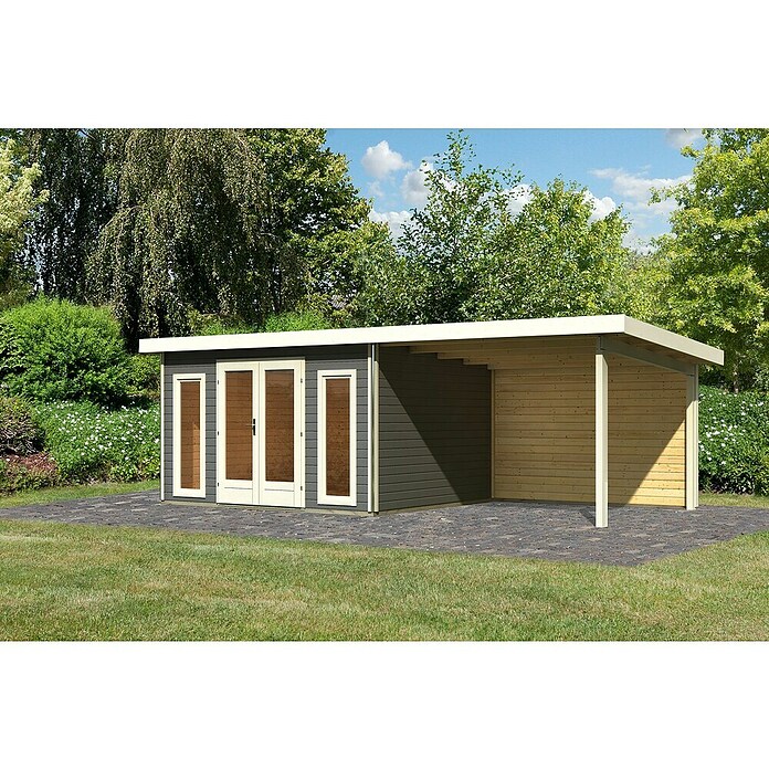 Karibu Gartenhaus Radeburg 2 (Außenmaß inkl. Dachüberstand (B x T): 724 x 331,5 cm, Holz, Terragrau, Mit Seitendach und Rückwand) | BAUHAUS