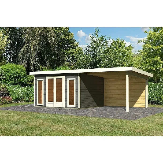 Karibu Gartenhaus Radeburg 2 - Außenmaß inkl. Dachüberstand (B x T): 724 x 331,5 cm, Holz, Terragrau, Mit Seitendach und Rückwand - Modernes Gartenhaus mit Carport und Doppeltür. Ideal für Gartenutensilien und als Unterstand für Fahrzeuge oder als überdachter Sitzbereich.
