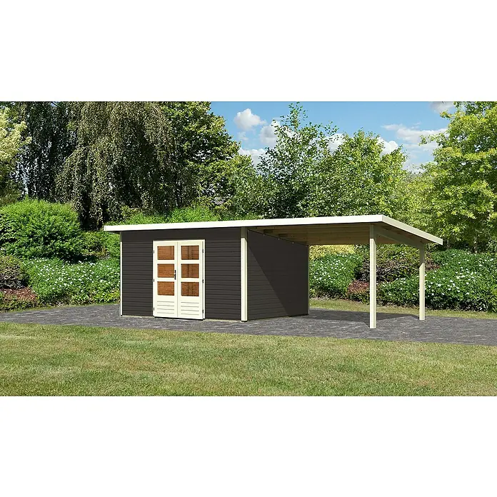 Karibu Gartenhaus Northeim 4 - Außenmaß inkl. Dachüberstand (B x T): 724 x 331,5 cm, Holz, Terragrau, Mit Seitendach - Modernes Gartenhaus mit Carportanbau in dunklem Holz und hellen Akzenten, ideal für Gartenutensilien und als Unterstand.