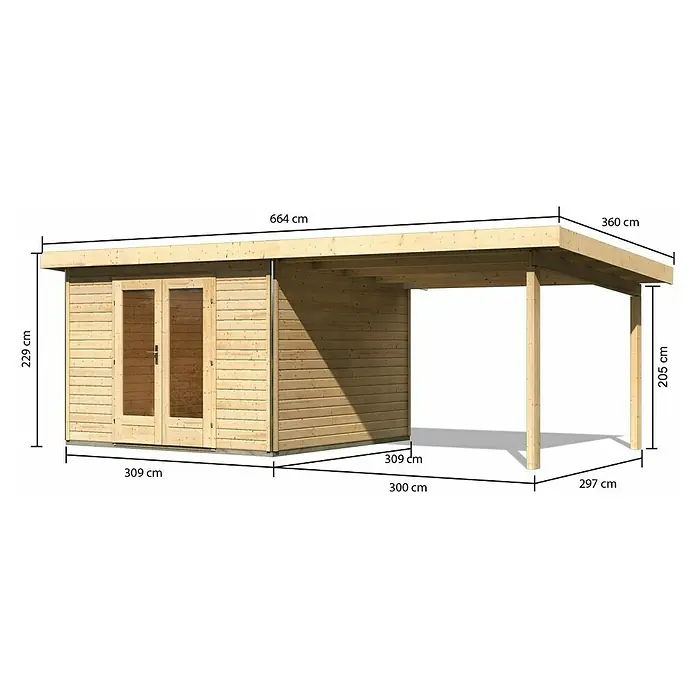 Karibu Gartenhaus Radeburg 1 - Außenmaß inkl. Dachüberstand (B x T): 664 x 331,5 cm, Holz, Natur, Mit Seitendach - Ansicht des Holzschuppens mit den Abmessungen. Die Gesamtlänge beträgt 664 cm, die Höhe 229 cm.