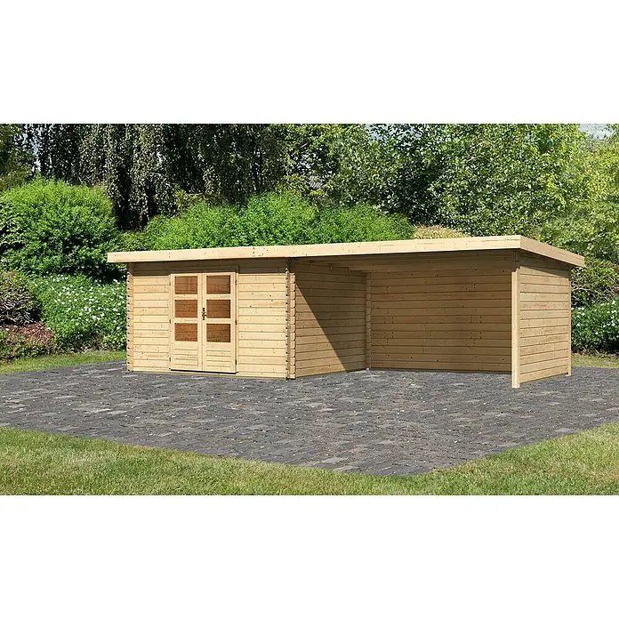 Karibu Gartenhaus Bastrup 7 - Außenmaß inkl. Dachüberstand (B x T): 774 x 333 cm, Holz, Natur, Mit Seitendach, Rück- und Seitenwand - Außenansicht eines modernen Holzgartenhauses mit Doppeltüren und überdachtem Bereich, ideal für Gartenlagerung und Freizeit.