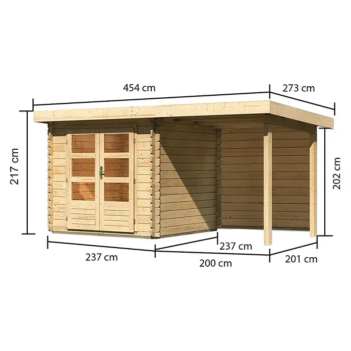 Karibu Gartenhaus Bastrup 2 - Außenmaß inkl. Dachüberstand (B x T): 454 x 273 cm, Holz, Natur, Mit Seitendach und Rückwand - Abmessungen einer Holzgartenhütte mit Veranda, einschließlich Höhe, Breite und Tiefe in Zentimetern.