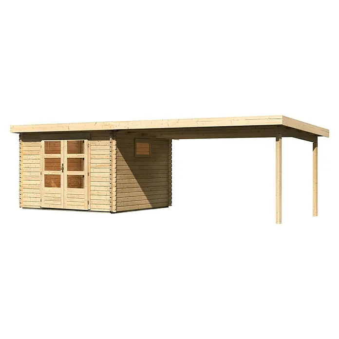 Karibu Gartenhaus - Außenmaß inkl. Dachüberstand (B x T): 716,5 x 333 cm, Holz, Natur, Mit Seitendach - Holzgartenhaus mit Vordach, ideal für zusätzlichen Stauraum im Garten. Die natürliche Holzoptik fügt sich gut in jeden Garten ein.