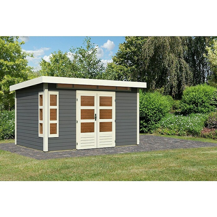 Karibu Gartenhaus Kastorf 7 (Außenmaß inkl. Dachüberstand (B x T): 396 x 273 cm, Holz, Terragrau) | BAUHAUS