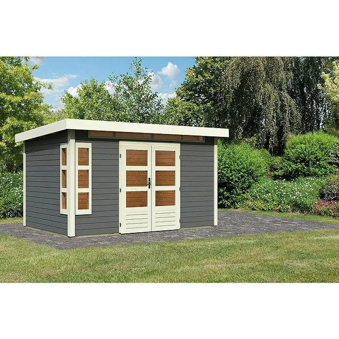 Karibu Gartenhaus Kastorf 7 - Außenmaß inkl. Dachüberstand (B x T): 396 x 273 cm, Holz, Terragrau - Modernes Gartenhaus mit Doppeltür und Fenster, ideal für die Aufbewahrung von Gartengeräten.