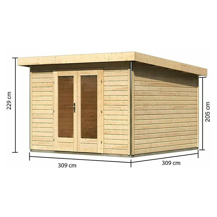 Karibu Gartenhaus Radeburg 1 - Außenmaß inkl. Dachüberstand (B x T): 346 x 331,5 cm, Holz, Natur - Abbildung eines Holzschuppens mit Maßangaben (229 cm Höhe, 309 cm Breite und 205 cm Seitenhöhe). Perfekt für Garten oder Hof.