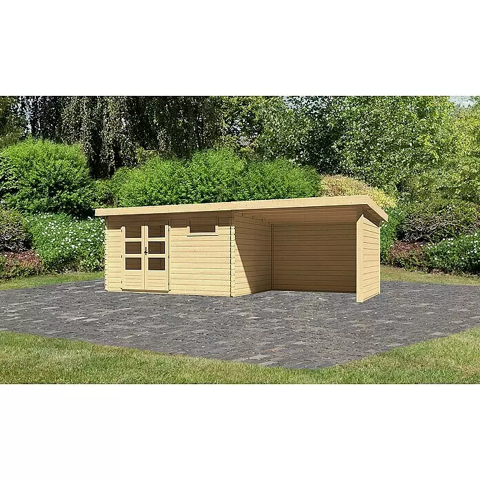 Karibu Gartenhaus Bastrup 8 - Außenmaß inkl. Dachüberstand (B x T): 704 x 333 cm, Holz, Natur, Mit Seitendach, Rück- und Seitenwand - Gartenhaus aus hellem Holz mit integriertem Carport.