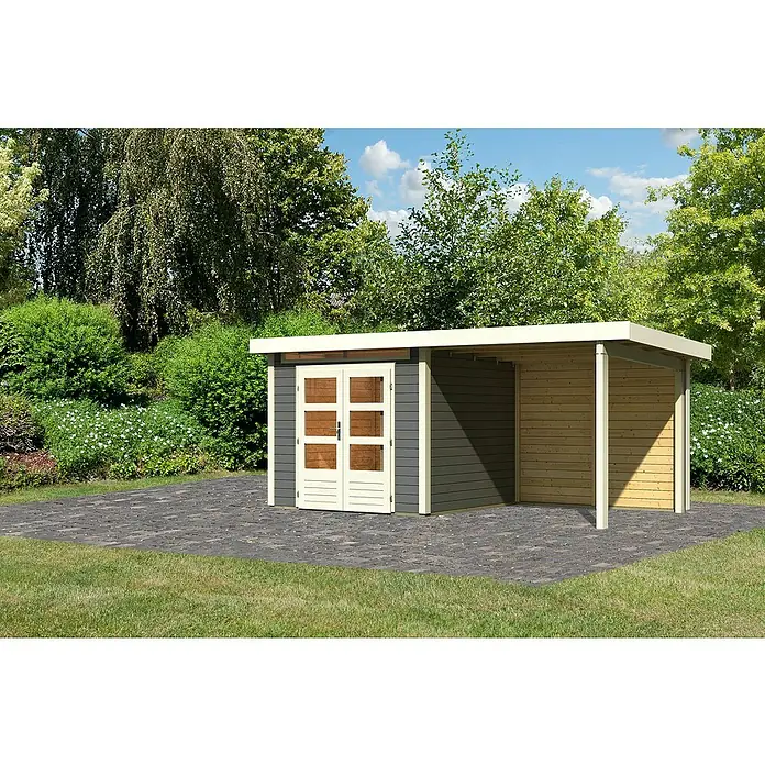 Karibu Gartenhaus Kandern 3 - Außenmaß inkl. Dachüberstand (B x T): 495 x 273 cm, Holz, Terragrau - Ein modernes Gartenhaus mit Doppeltür und angebautem Carport, ideal für zusätzlichen Stauraum im Außenbereich.