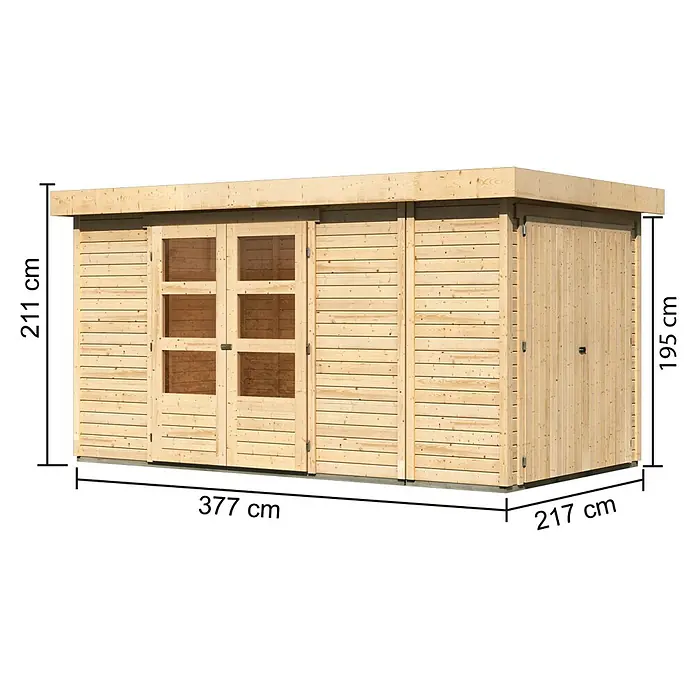 Karibu Gartenhaus Retola 5 - Außenmaß inkl. Dachüberstand (B x T): 404 x 238 cm, Holz, Natur - Abbildung eines Holzgartenschuppens mit den Maßen 377 cm x 217 cm x 211 cm.