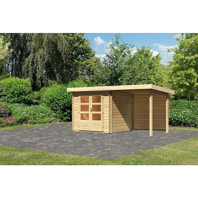 Karibu Gartenhaus Bastrup 2 - Außenmaß inkl. Dachüberstand (B x T): 454 x 273 cm, Holz, Natur, Mit Seitendach und Rückwand - Ein hölzernes Gartenhaus mit Doppeltüren und einem überdachten Bereich, ideal für die Lagerung und als Wetterschutz.