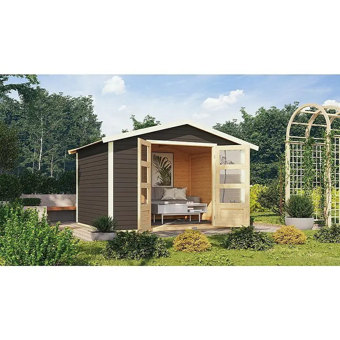 Karibu Gartenhaus Amberg 5 - Außenmaß inkl. Dachüberstand (B x T): 337 x 266 cm, Holz, Terragrau - Einladendes Gartenhaus mit offenstehenden Doppeltüren, das einen gemütlichen Rückzugsort im Grünen verspricht, ideal zum Entspannen.