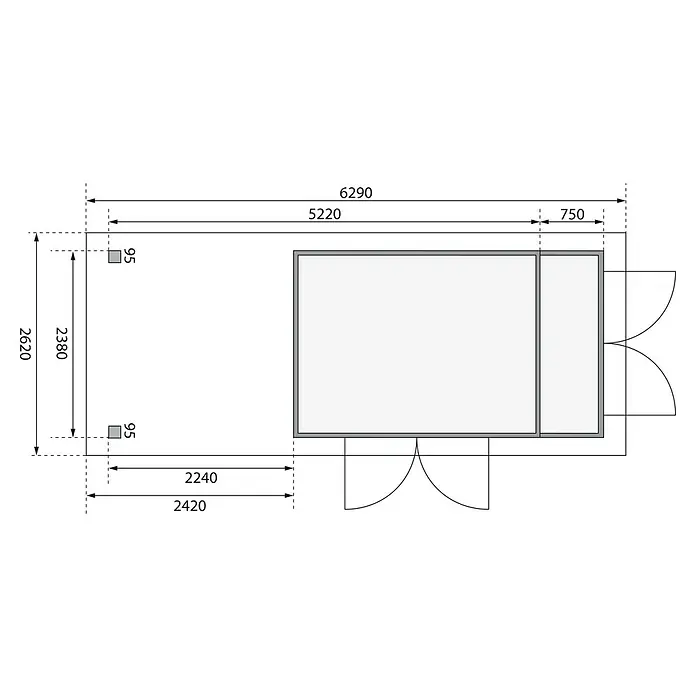 Karibu Gartenhaus Retola 6 - Außenmaß inkl. Dachüberstand (B x T): 629 x 262 cm, Holz, Natur - Grundrisszeichnung eines Gebäudes mit Maßangaben. Die Zeichnung zeigt die Abmessungen und Raumaufteilung des Gebäudes.