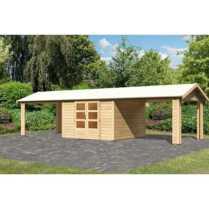 Karibu Gartenhaus Theres (Außenmaß inkl. Dachüberstand (B x T): 947 x 348 cm, Holz, Natur) | BAUHAUS