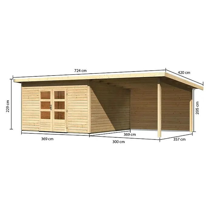 Karibu Gartenhaus Northeim 5 - Außenmaß inkl. Dachüberstand (B x T): 724 x 393 cm, Holz, Natur, Mit Seitendach und Rückwand - Abbildung eines Holzgartenhauses mit den Maßangaben 229 cm, 724 cm, 420 cm, 369 cm, 357 cm, 300 cm und 205 cm.