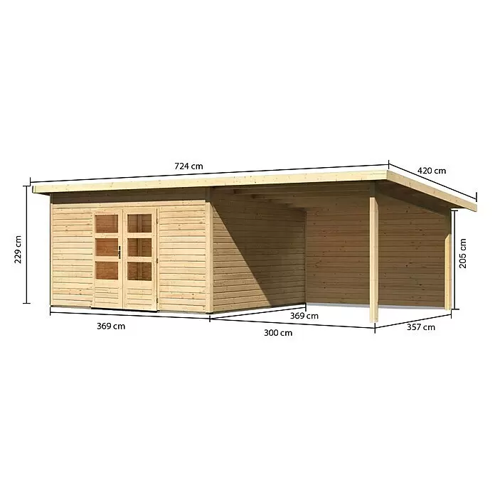 Karibu Gartenhaus Northeim 5Außenmaß inkl. Dachüberstand (B x T): 724 x 393 cm, Holz, Natur, Mit Seitendach und Rückwand