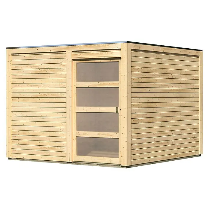 Karibu Gartenhaus Qubic 2 - Außenmaß inkl. Dachüberstand (B x T): 276 x 276 cm, Holz, Natur - Außenansicht eines Holzschuppens mit einer Tür, die durch horizontale Holzstreben in drei Felder unterteilt ist, mit natürlicher Holzmaserung.