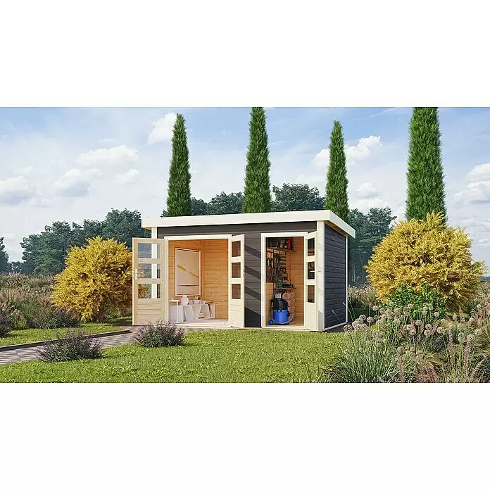 Karibu Gartenhaus Schönbuch 1 - Außenmaß inkl. Dachüberstand (B x T): 398 x 273 cm, Holz, Terragrau - Moderner dunkelgrauer Gartenhaus mit Naturholztüren, dient als Outdoor-Büro und Abstellraum im Garten.