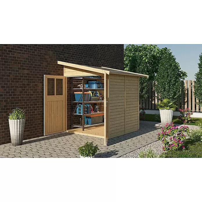 Karibu Gartenhaus Wandlitz 2 - Außenmaß inkl. Dachüberstand (B x T): 200 x 232 cm, Holz, Natur - Heller Holzgeräteschuppen mit offener Tür, der Metallregale voller blauer und oranger Werkzeugkisten zeigt. Er steht auf einem gepflasterten Weg neben einer Ziegelwand.