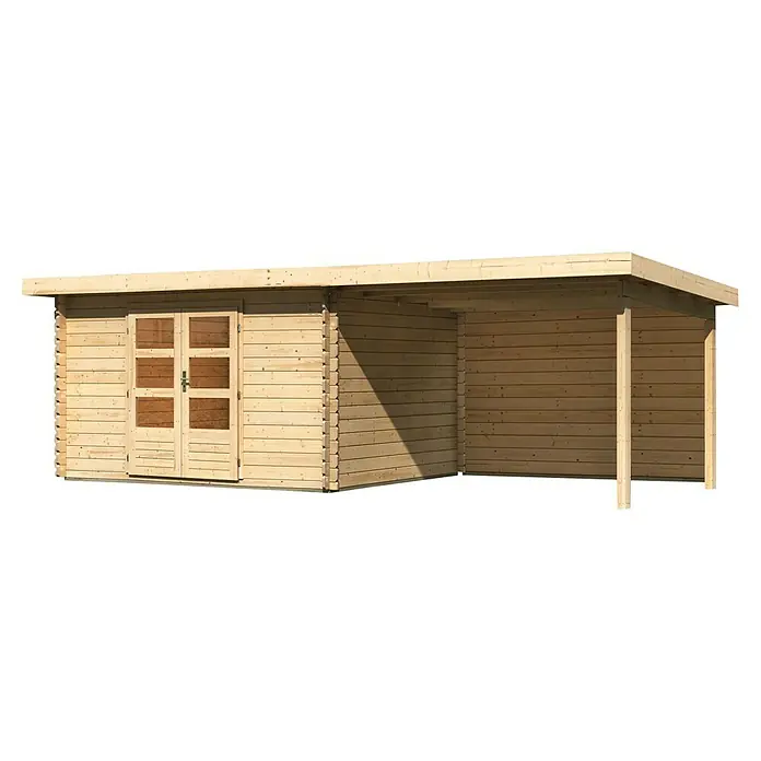 Karibu Gartenhaus Bastrup 7 - Außenmaß inkl. Dachüberstand (B x T): 674 x 333 cm, Holz, Natur, Mit Seitendach und Rückwand - Das Foto zeigt ein modernes Gartenhaus mit einer überdachten Veranda, ideal für Entspannung im Freien.