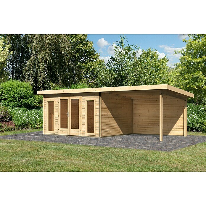 Karibu Gartenhaus Radeburg 2 (Außenmaß inkl. Dachüberstand (B x T): 724 x 331,5 cm, Holz, Natur, Mit Seitendach und Rückwand) | BAUHAUS