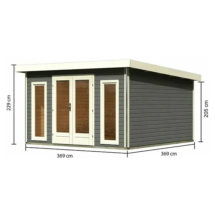 Karibu Gartenhaus Radeburg 3 - Außenmaß inkl. Dachüberstand (B x T): 406 x 393 cm, Holz, Terragrau - Abbildung eines Gartenhauses mit den Maßen 369 cm x 369 cm und einer Höhe von 229 cm bzw. 205 cm.