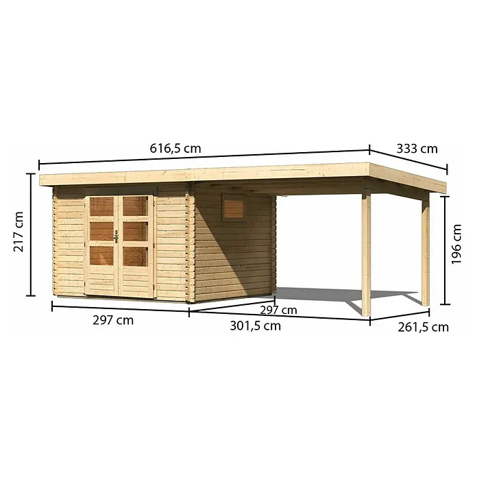 Karibu Gartenhaus Trittau 3 - Außenmaß inkl. Dachüberstand (B x T): 616,5 x 333 cm, Holz, Natur, Mit Seitendach - Ansicht eines Holzgartenhauses mit Anbau und Größenangaben der einzelnen Bauteile.