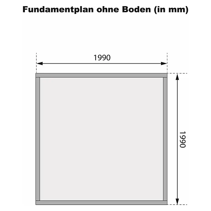 Karibu Gartenhaus Kandern 1 - Außenmaß inkl. Dachüberstand (B x T): 236 x 232 cm, Holz, Terragrau - Fundamentplan ohne Boden mit Abmessungen (1990 x 1990 mm). Ideal für Bauprojekte und Gartenhäuser. Präzise Planung für stabile Fundamente.