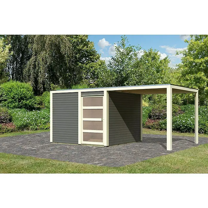 Karibu Gartenhaus Qubic 2Außenmaß inkl. Dachüberstand (B x T): 542,5 x 276 cm, Holz, Terragrau, Mit Seitendach - Moderne Gartenhütte mit Überdachung, ideal zur Aufbewahrung und als stilvoller Unterstand im Garten. Robust und wetterfest.