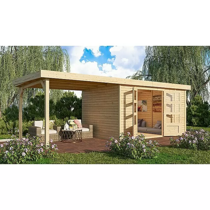 Karibu Gartenhaus Retola 6 - Außenmaß inkl. Dachüberstand (B x T): 666,5 x 262 cm, Holz, Natur - Gartenhaus aus Naturholz mit angebauter Pergola, das Außen- und Innenbereiche zur Entspannung im Garten bietet.