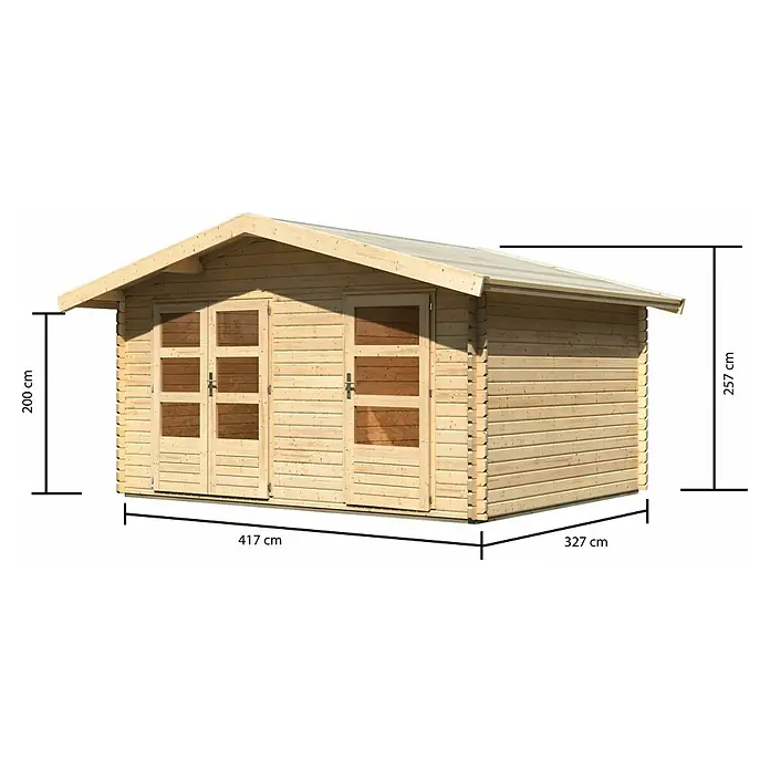 Karibu Gartenhaus Lagor - Außenmaß inkl. Dachüberstand (B x T): 468 x 390 cm, Holz, Natur - Abbildung eines Holzgartenhauses mit den Maßen 417 cm x 327 cm und einer Höhe von 257 cm, mit Doppeltür und Fenstern.
