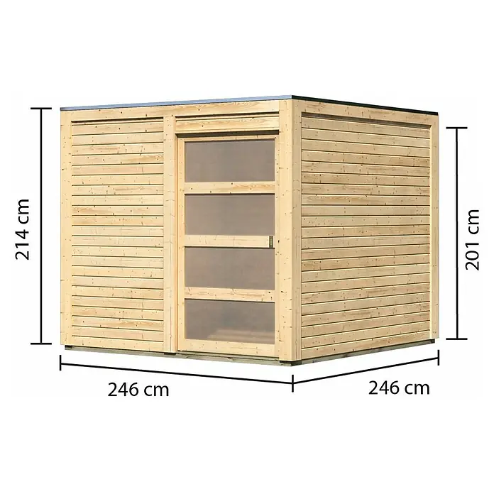 Karibu Gartenhaus Qubic 1 - Außenmaß inkl. Dachüberstand (B x T): 246 x 246 cm, Holz, Natur - Abbildung eines Holzgartenhauses mit den Maßen 246 x 246 x 214 cm, ideal für die Aufbewahrung von Gartengeräten.