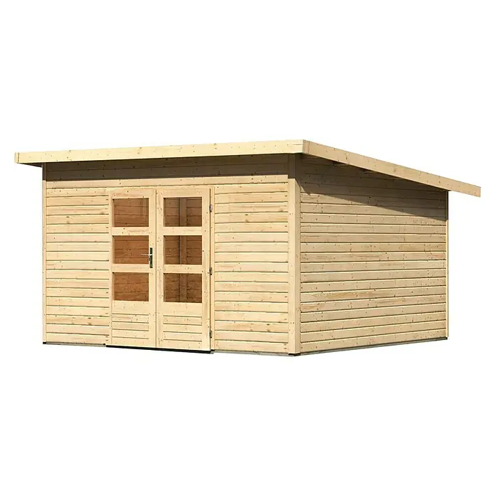 Karibu Gartenhaus Northeim 5 - Außenmaß inkl. Dachüberstand (B x T): 406 x 393 cm, Holz, Natur - Holzgartenhaus mit Doppeltür und geneigtem Dach. Ideal für die Aufbewahrung von Gartengeräten oder als Hobbyraum im Freien.