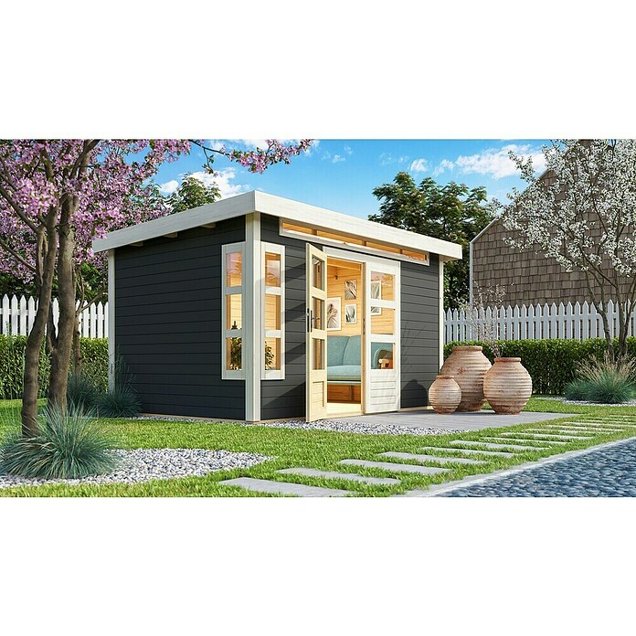 Karibu Gartenhaus Kastorf 7 (Außenmaß inkl. Dachüberstand (B x T): 396 x 273 cm, Holz, Terragrau) | BAUHAUS