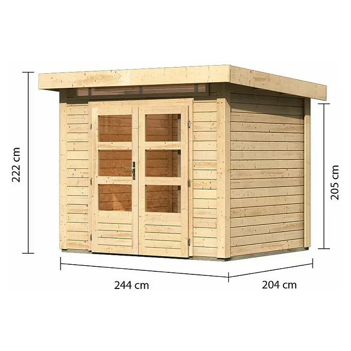 Karibu Gartenhaus Kandern 2 - Außenmaß inkl. Dachüberstand (B x T): 276 x 232 cm, Holz, Natur - Abbildung eines Gartenhauses aus Holz mit den Maßen 244 x 204 x 222 cm. Die Konstruktion ist hell und weist eine Doppeltür auf.