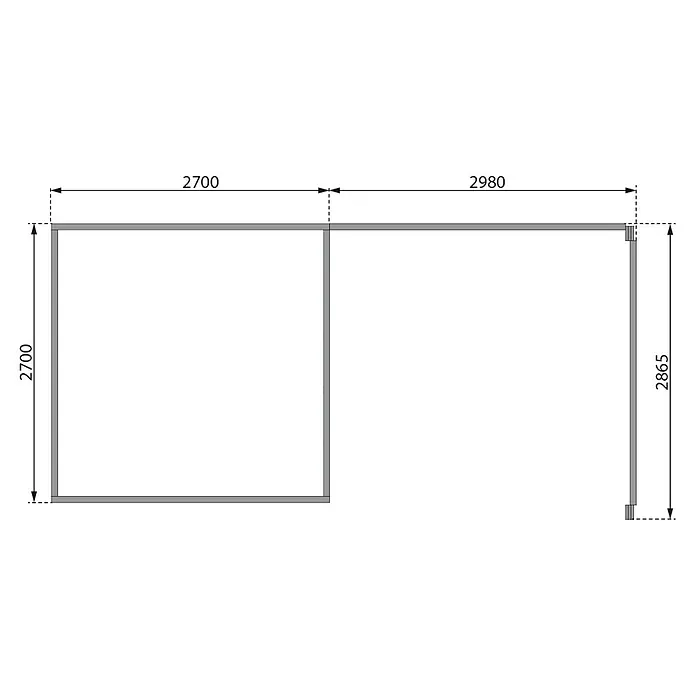 Karibu Gartenhaus Kastorf 6 - Außenmaß inkl. Dachüberstand (B x T): 612 x 303 cm, Holz, Terragrau, Mit Seitendach, Rück- und Seitenwand - Grundriss des Gartenhauses mit den Maßen 2700x2700 mm und 2980x2865 mm. Das Gartenhaus verfügt über eine L-Form.