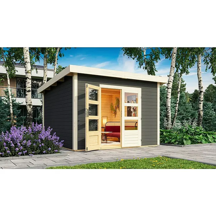 Karibu Gartenhaus Northeim 3 - Außenmaß inkl. Dachüberstand (B x T): 358 x 360 cm, Holz, Terragrau, Ohne Seitendach - Die Abbildung zeigt ein modernes Gartenhaus mit grauen Wänden, weißen Akzenten und Doppeltüren, die einen einladenden Blick ins Innere gewähren.