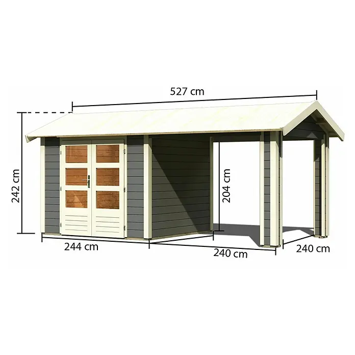 Karibu Gartenhaus Theres - Außenmaß inkl. Dachüberstand (B x T): 528 x 288 cm, Holz, Terragrau - Abbildung eines Gartenhauses mit Vordach, versehen mit Maßangaben zu Länge, Höhe und Breite für einen besseren Überblick.