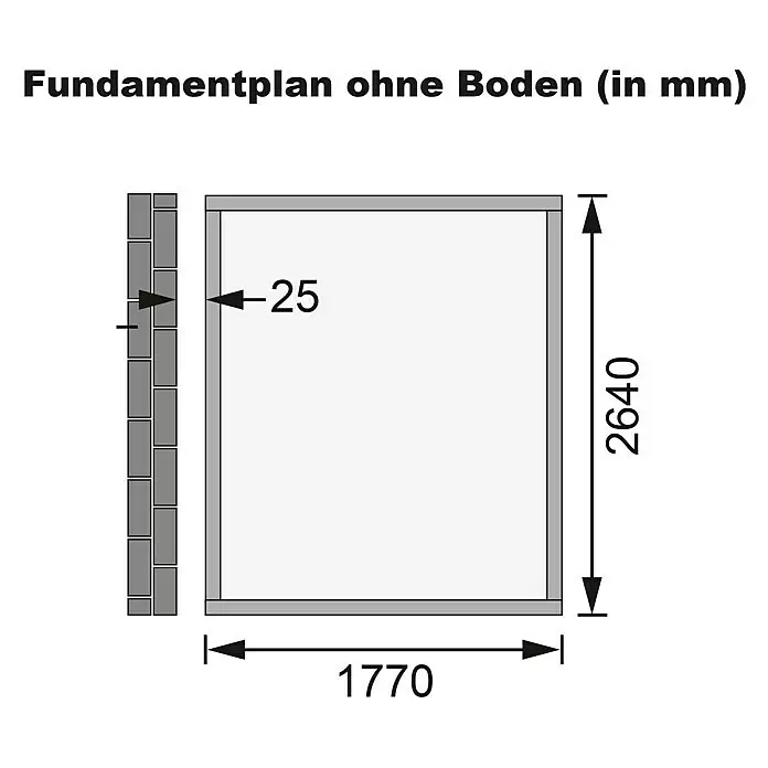 Karibu Gartenhaus Wandlitz 3 - Außenmaß inkl. Dachüberstand (B x T): 200 x 320 cm, Holz, Natur - Technische Zeichnung eines Fundamentplans ohne Boden, Maße 1770x2640 mm mit 25 mm Wanddetail.