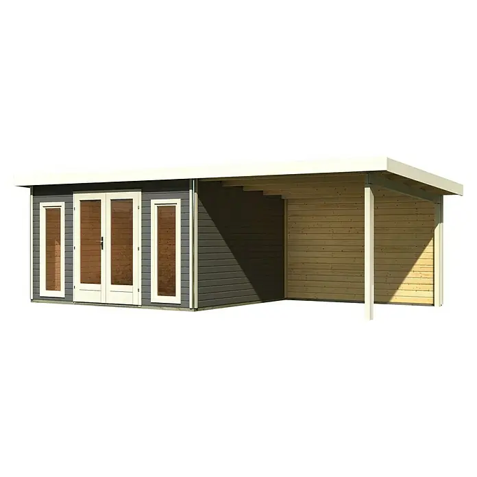 Karibu Gartenhaus Radeburg 2 - Außenmaß inkl. Dachüberstand (B x T): 724 x 331,5 cm, Holz, Terragrau, Mit Seitendach und Rückwand - Holzgartenhaus mit grauer Fassade und weißem Dach sowie überdachter Terrasse zum Entspannen im Freien.
